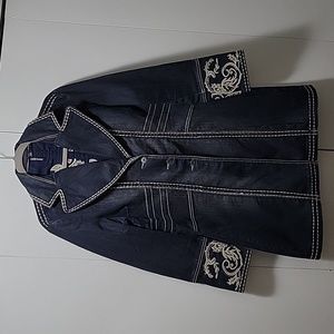 Zenim Navy Denim Long Jean Jacket with White Embroidery